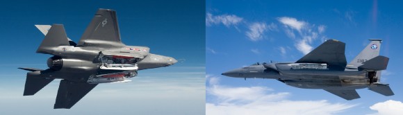 F-35 versus F-15SE - fotomontagem sobre fotos Lockheed Martin e Boeing