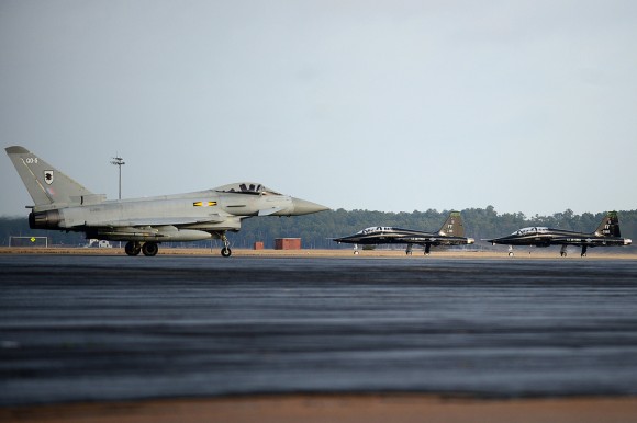 8436089638_8e40f85322_b A Eurofighter Typhoon FGR4 taxis down the flightline as two T-38 Talons prepare to take off Jan 30 2013 - Langley