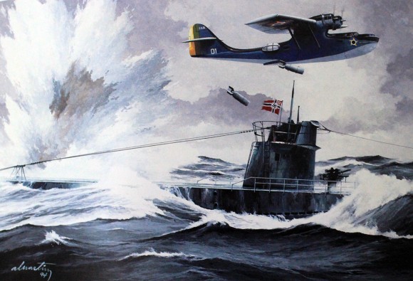 Arará atacando o U-199 ao largo do Rio de Janeiro - Reprodução pintura de Álvaro Martins