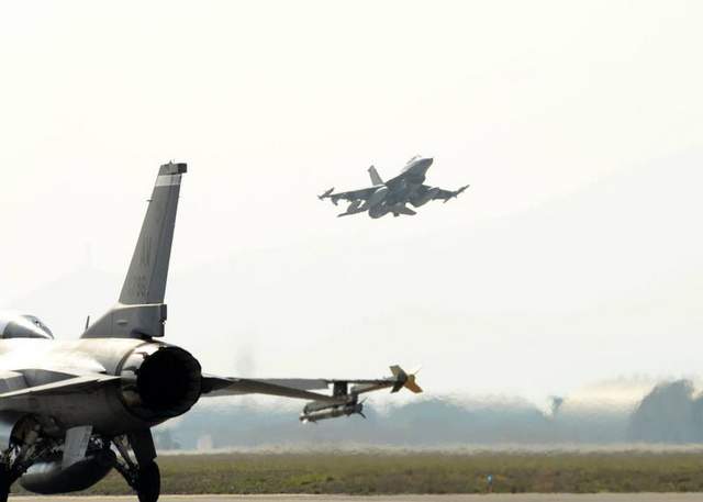 An F-16 Fighting Falcon takes off March 13 from Aviano Air Base, Italy, to augment the Poland Aviation Detachment at Lask Air Base
