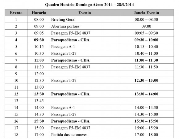 Quadro Horário Domingo Aéreo PAMA-SP 2014 - 28-9 - fonte - FAB