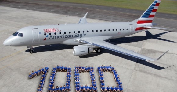 E-Jet número 1000  da Embraer com as cores da American Eagle - foto Divulgação via UOL