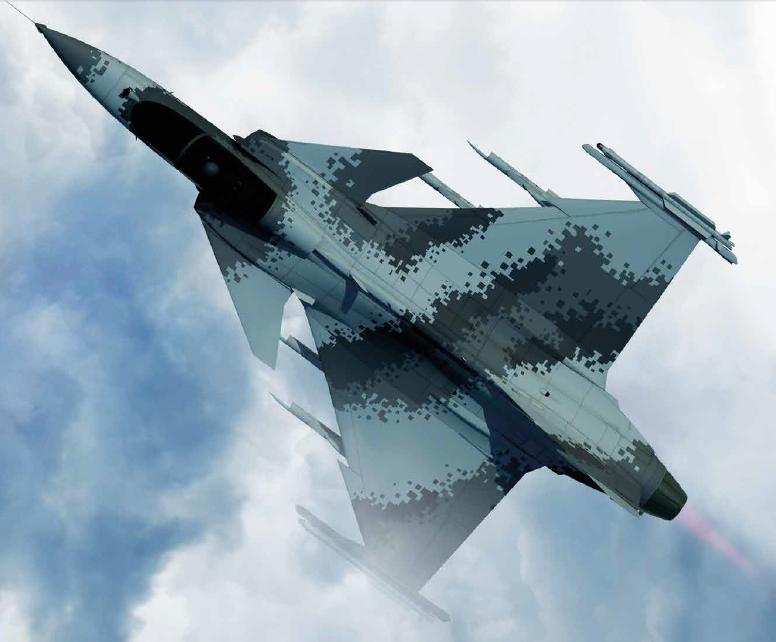 Gripen E com camuflagem pixelizada - imagem Saab