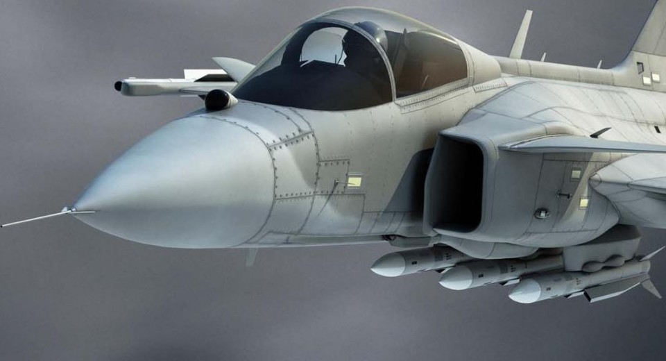 Gripen E com mísseis Meteor nos pilones da fuselagem - ilustração Saab