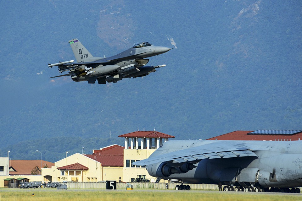 Six F-16 Fighting Falcons from the 31st Fighter Wing, accompanied by approximately 300 personnel and cargo deployed from Aviano Air Base, Italy, to Incirlik Air Base, Turkey, in support of Operation Inherent Resolve, Aug. 9, 2015. This deployment coincides with Turkey's decision to host U.S. aircraft to conduct counter-ISIL operations. (U.S. Air Force photo by Airman 1st Class Deana Heitzman/Released)