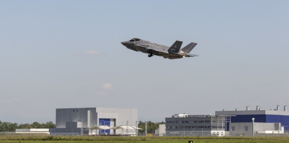 The first F-35A for the Italian Air Force, and the first F-35 built at the Cameri FACO, takes to the skies over Italy, Sept. 7, making the first F-35 Lightning II outside the United States. Lockheed Martin photo by: Todd McQueen (PRNewsFoto/Lockheed Martin Aeronautics)