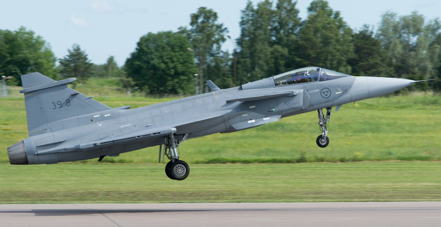 Caça Gripen E de nova geração da Saab. A Força Aérea Brasileira encomendou um primeiro lote de 36 aeronaves