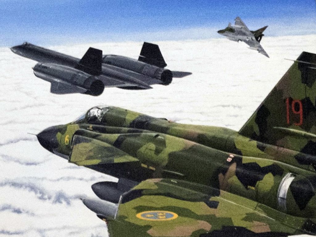 Pintura retrata SR-71 escoltado por dois Saab Viggen