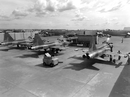 Three F-5A aircraft, armed with 750 pound bombs, shown in the revetment area at Bien Hoa Air Base, Republic of Vietnam, Jan. 31, 1966. (U.S. Air Force photo)